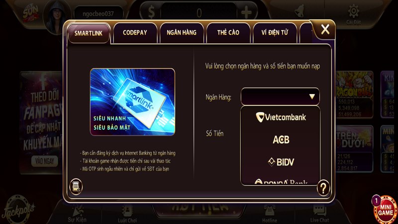 Gửi tiền vào tài khoản Sunwin bằng phương thức Smartlink